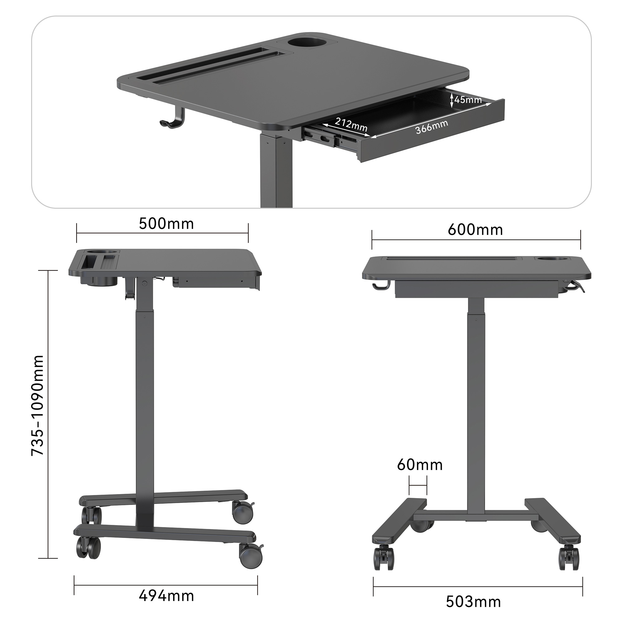 Multiview dimension drawing of adjustable mobile standing desk labeling the measurements for desktop, drawer, base, etc