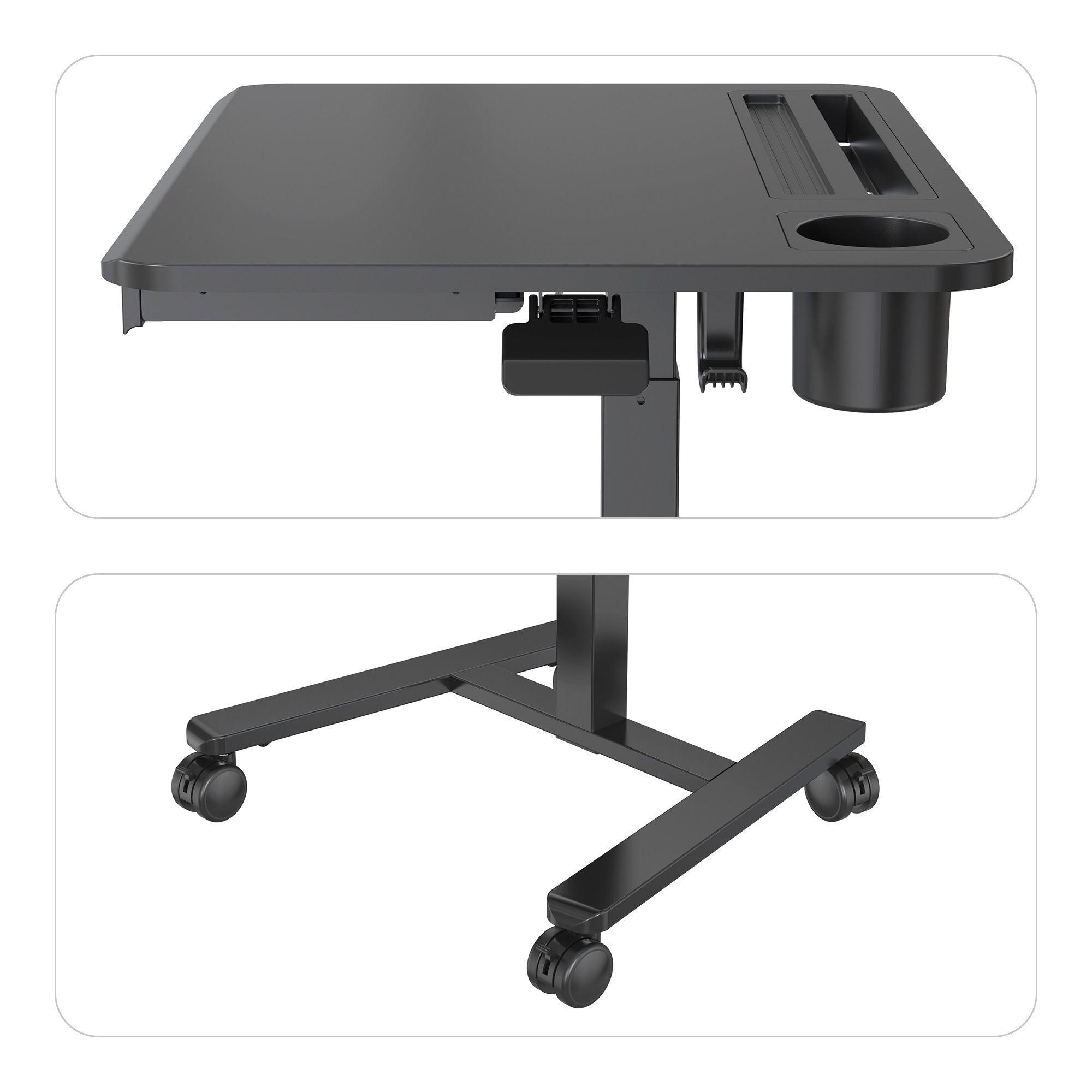 Close-up of the long card slot, water cup slot, storage hook, and casters of the black mobile standing desk