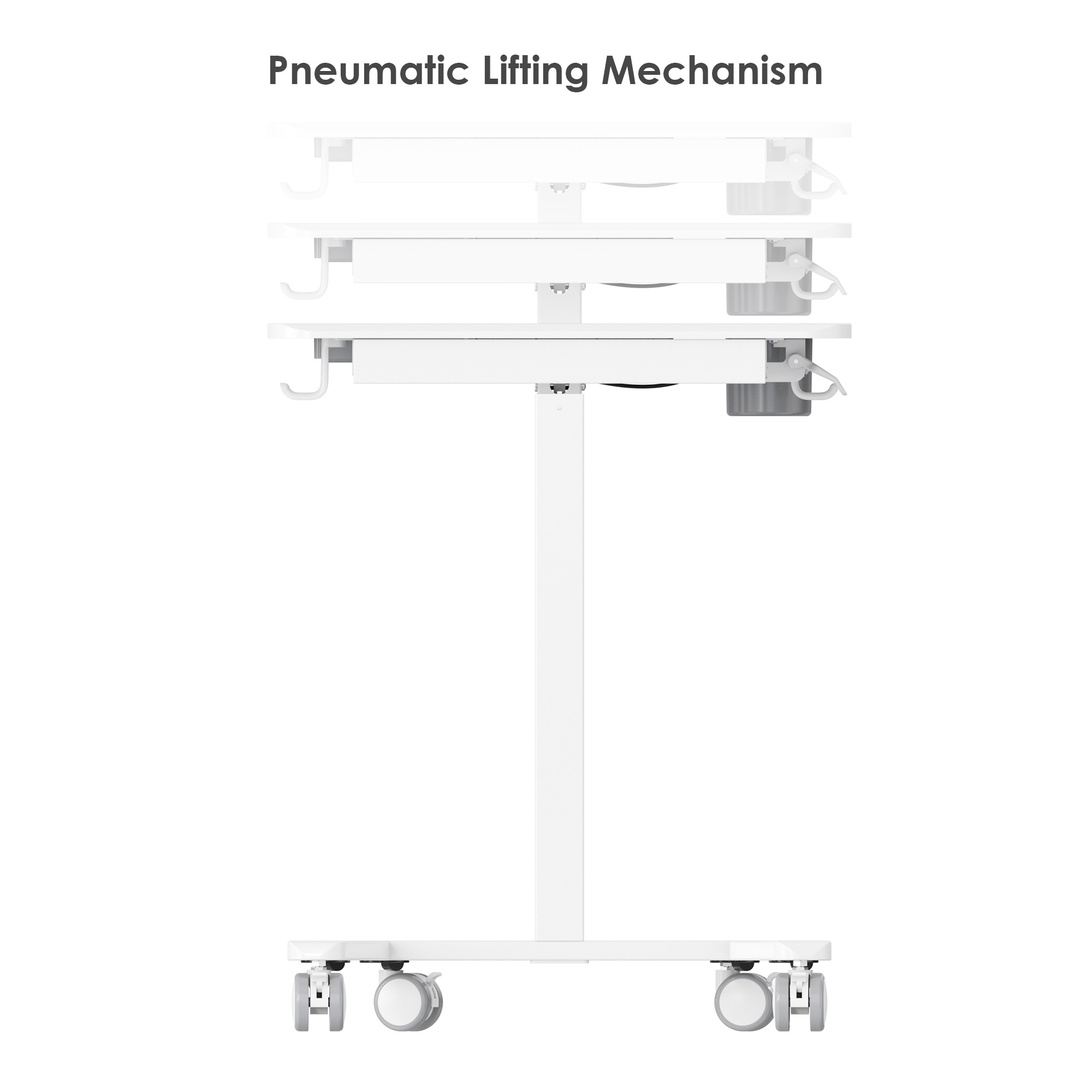The mobile standing desk uses pneumatic lifting, enabling smooth height adjustment ranging from 27.3 inches to 43.3 inches