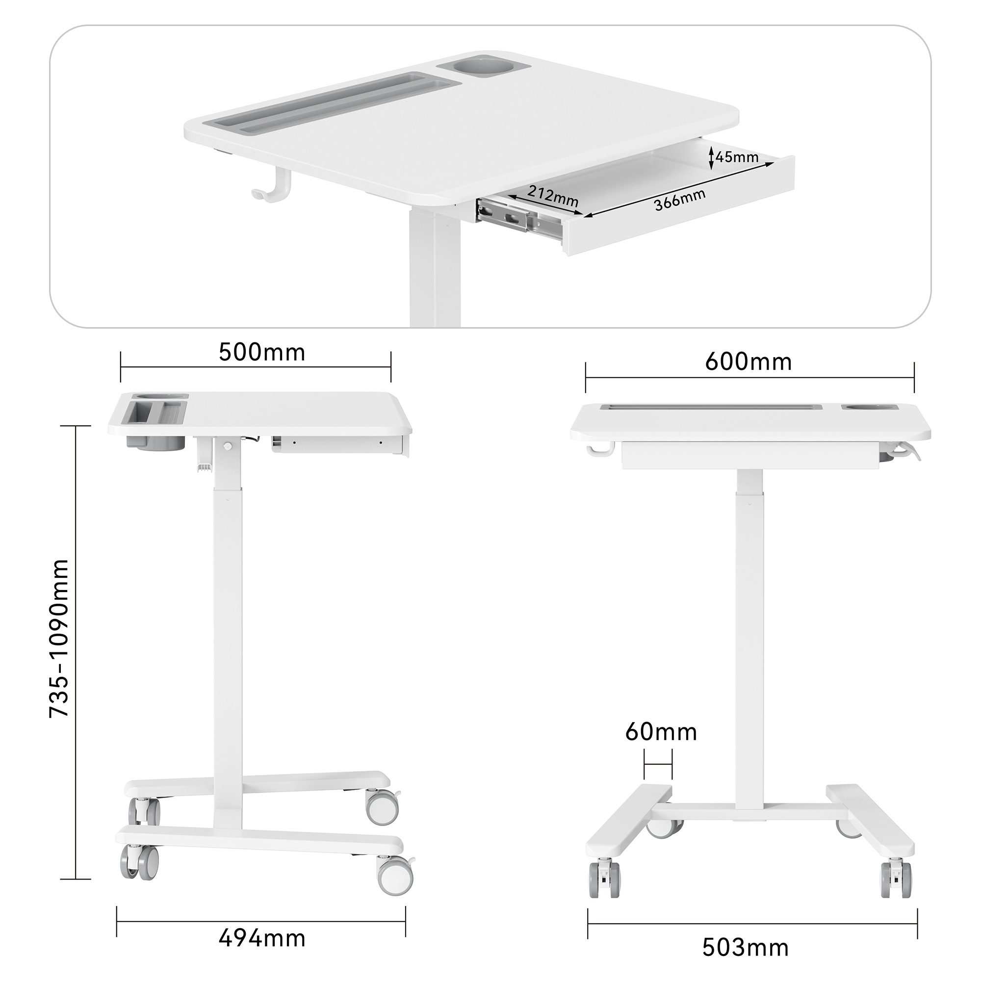 Multi-angle dimension diagram marks exact sizes of the mobile standing desk of the tabletop, drawer, base, etc