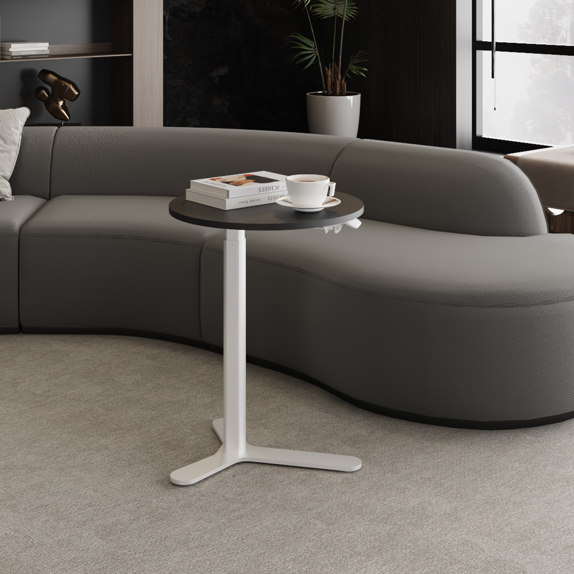 PrimeCables height-adjustable round side table (with black desktop) can be placed in the living room