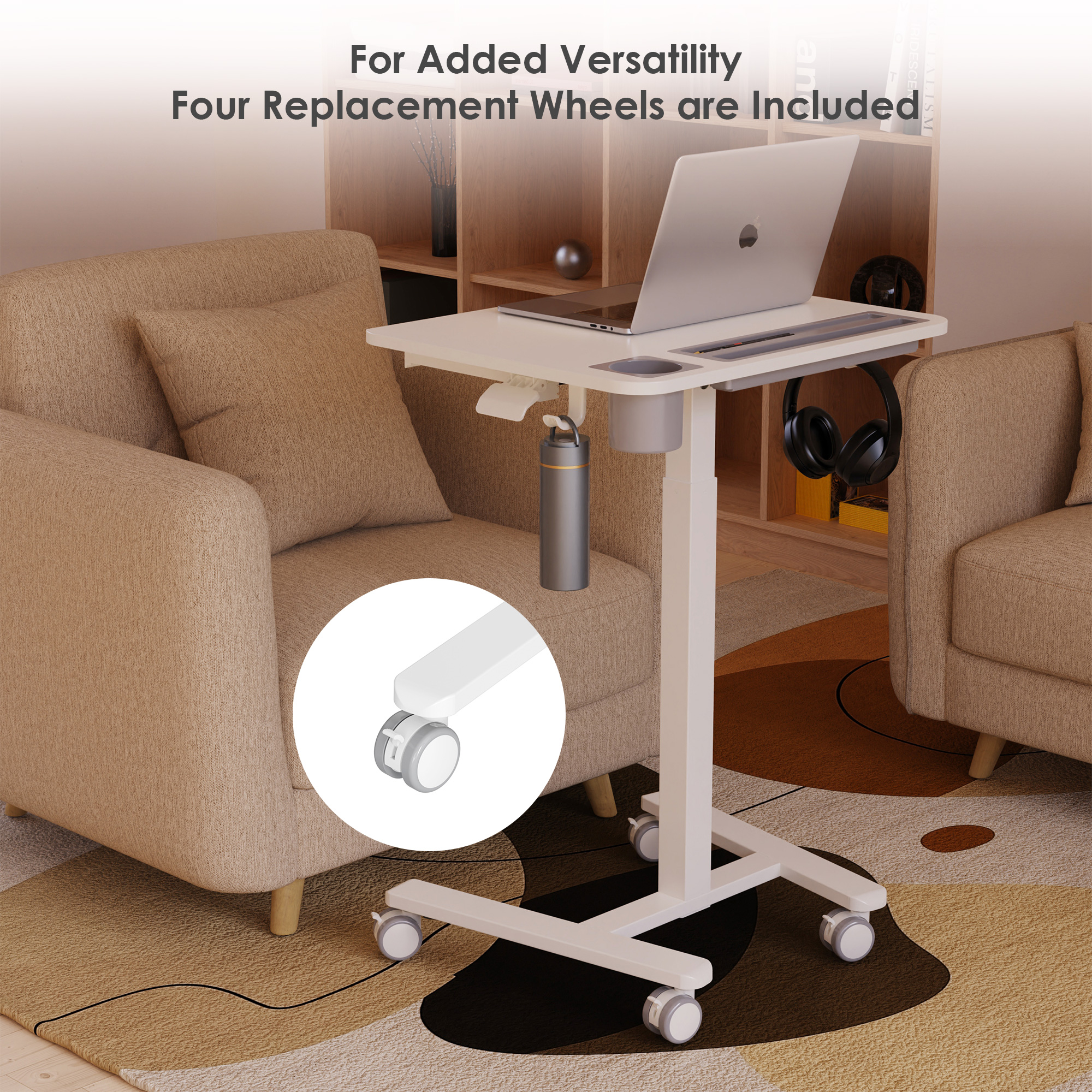 PrimeCables white mobile standing desk with drawer includes four replacement wheels