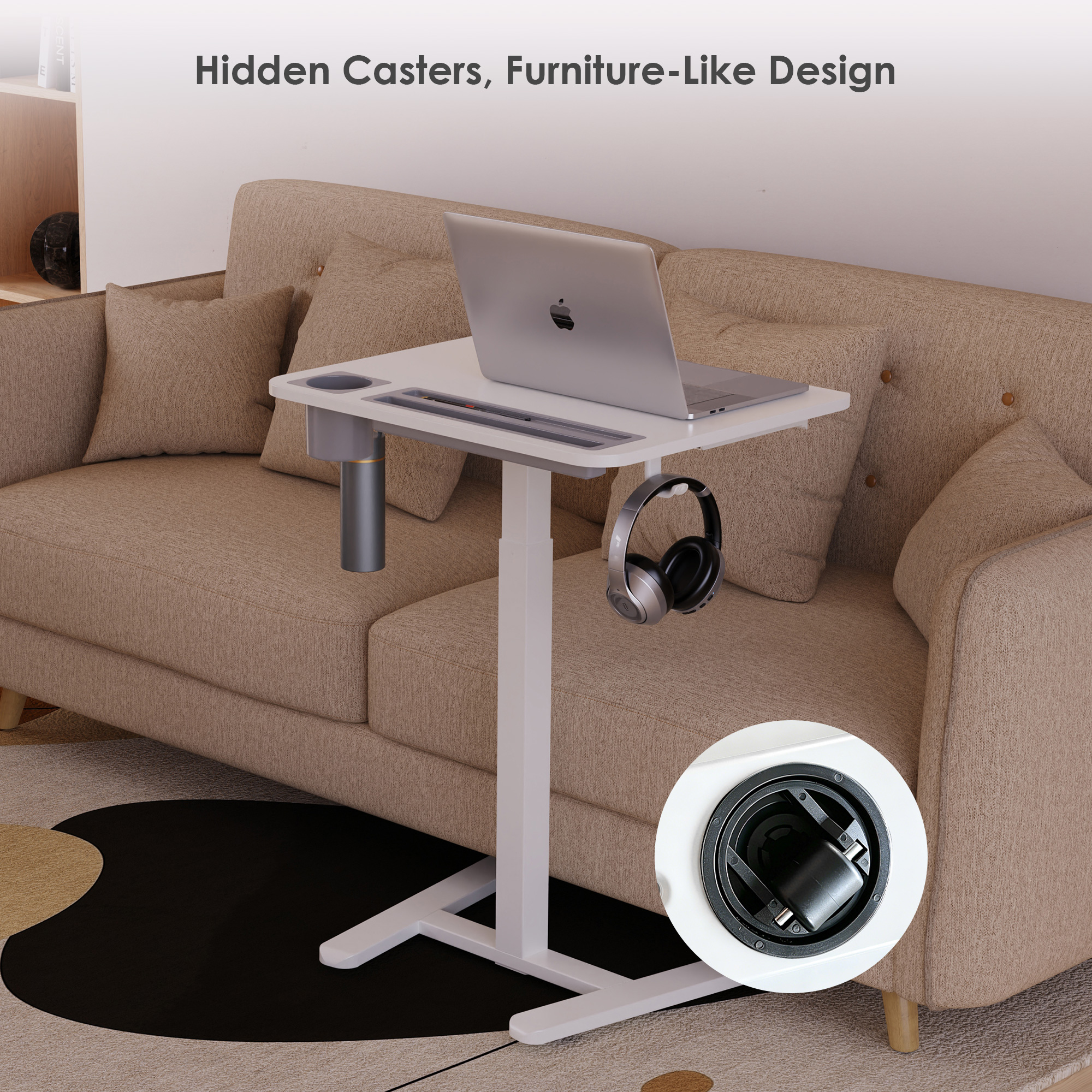 The wheels of the mobile standing desk with drawer can be hidden to easily move it beside a sofa, armchair, or bed
