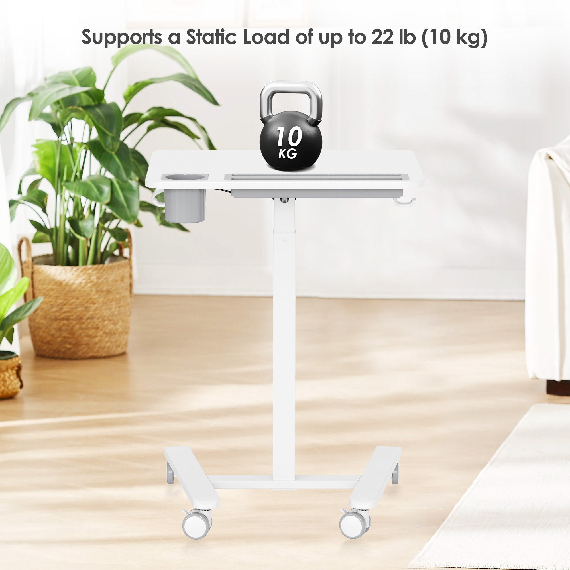 The white mobile standing desk with drawer has a maximum static load capacity of 22 pounds