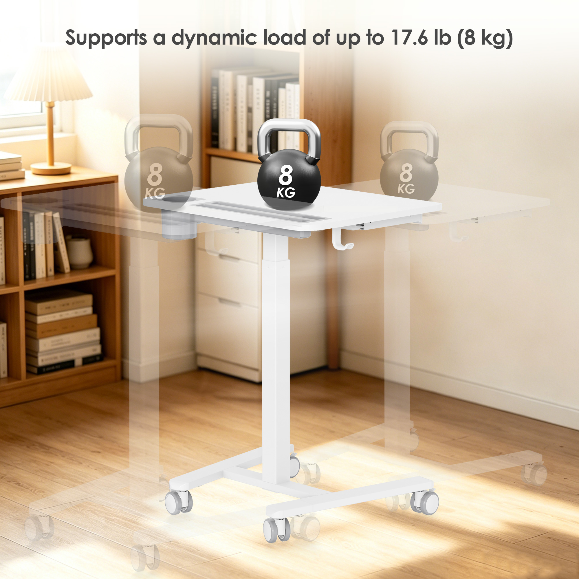 The white adjustable standing desk with drawer bears up to 17.6 lbs of dynamic weight during daily use