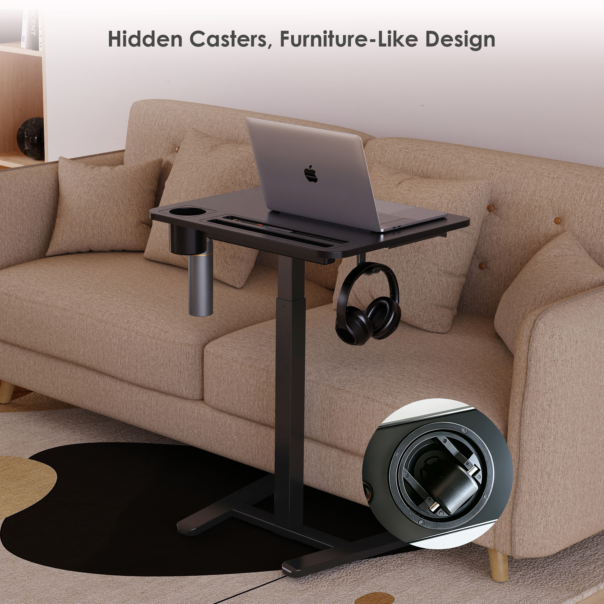 The mobile standing desk has a concealed caster system, which can keep the wheels out of sight for a cleaner & elegant look