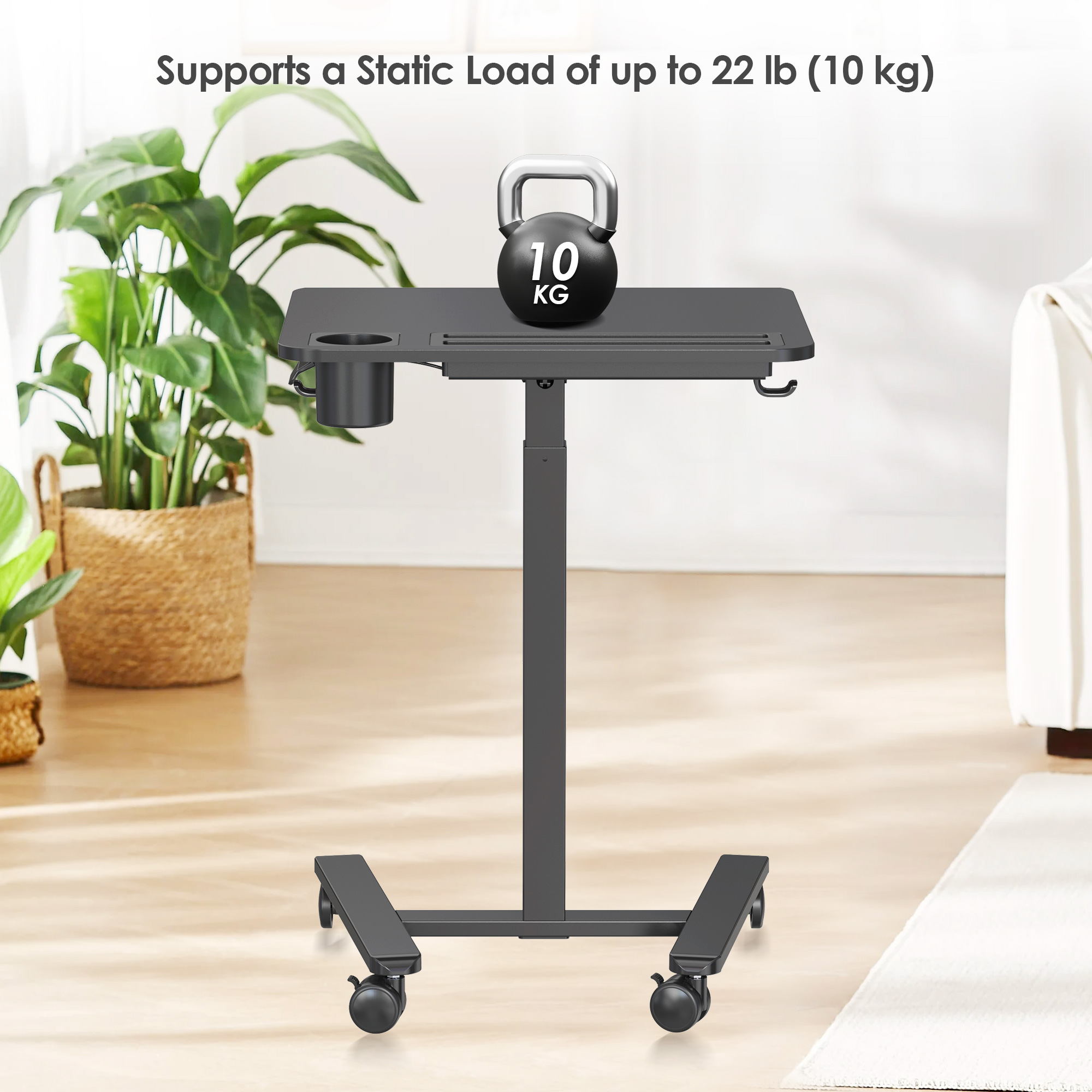 This PrimeCables® black mobile standing desk can bear a maximum static weight of 22 pounds