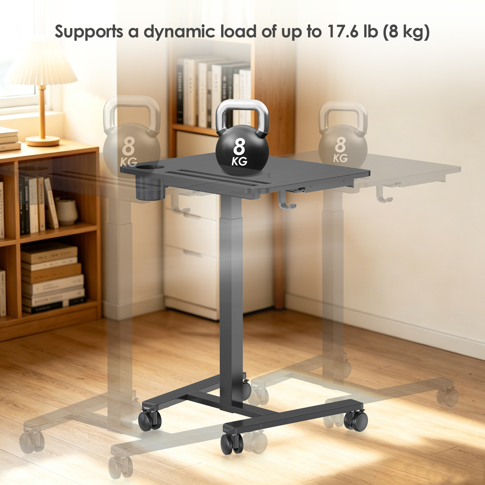 The black mobile standing desk supports up to 17.6 lbs dynamic load-bearing capacity
