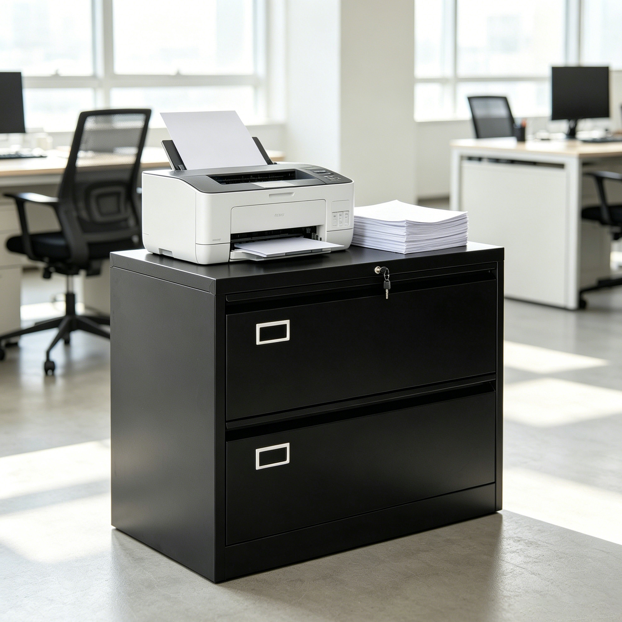 A printer and a stack of paper sheets are placed on the top of the black 2-drawer lateral metal filing cabinet in the office