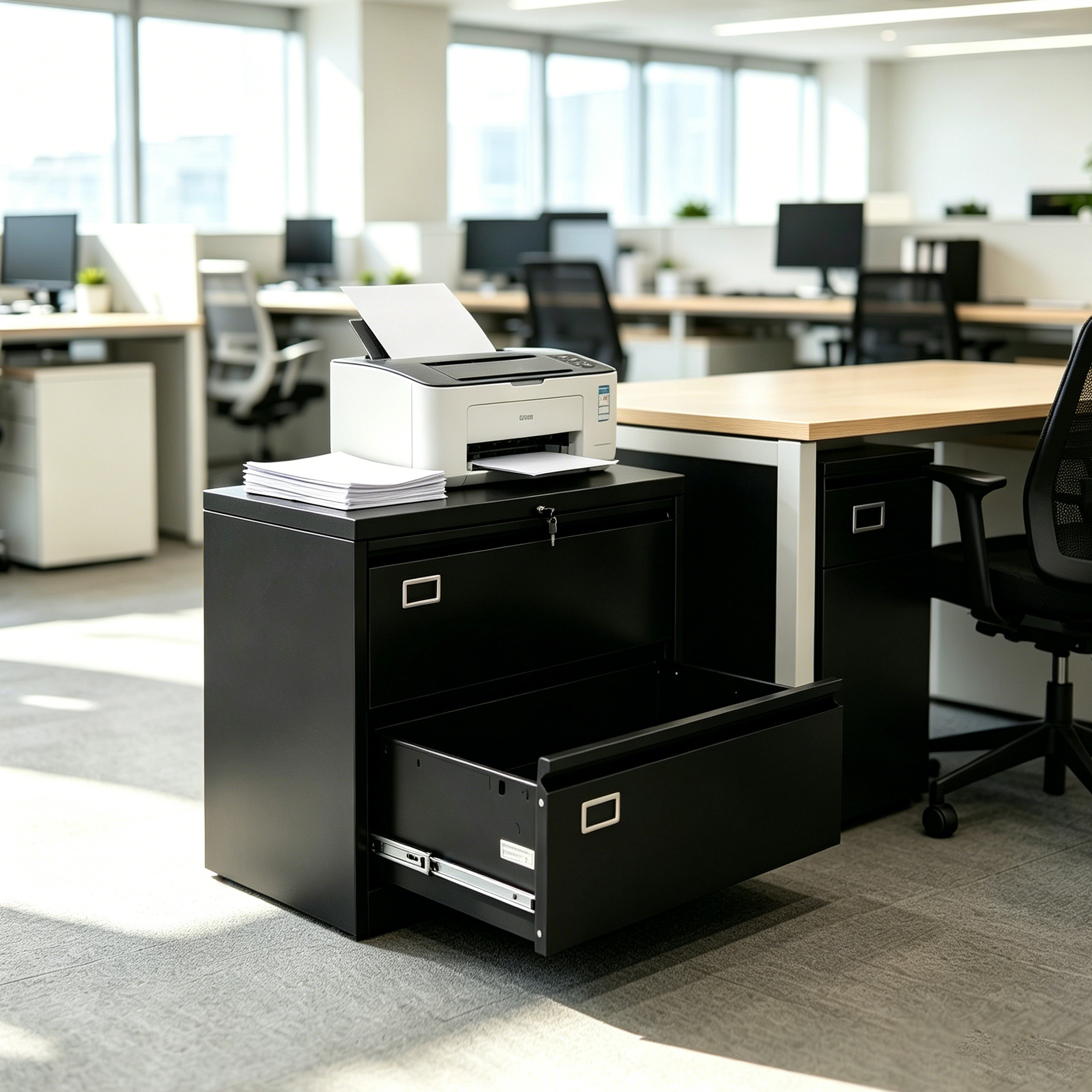 A black 2-drawer lateral metal filing cabinet with the bottom drawer fully extended, with a printer on the top of the cabinet