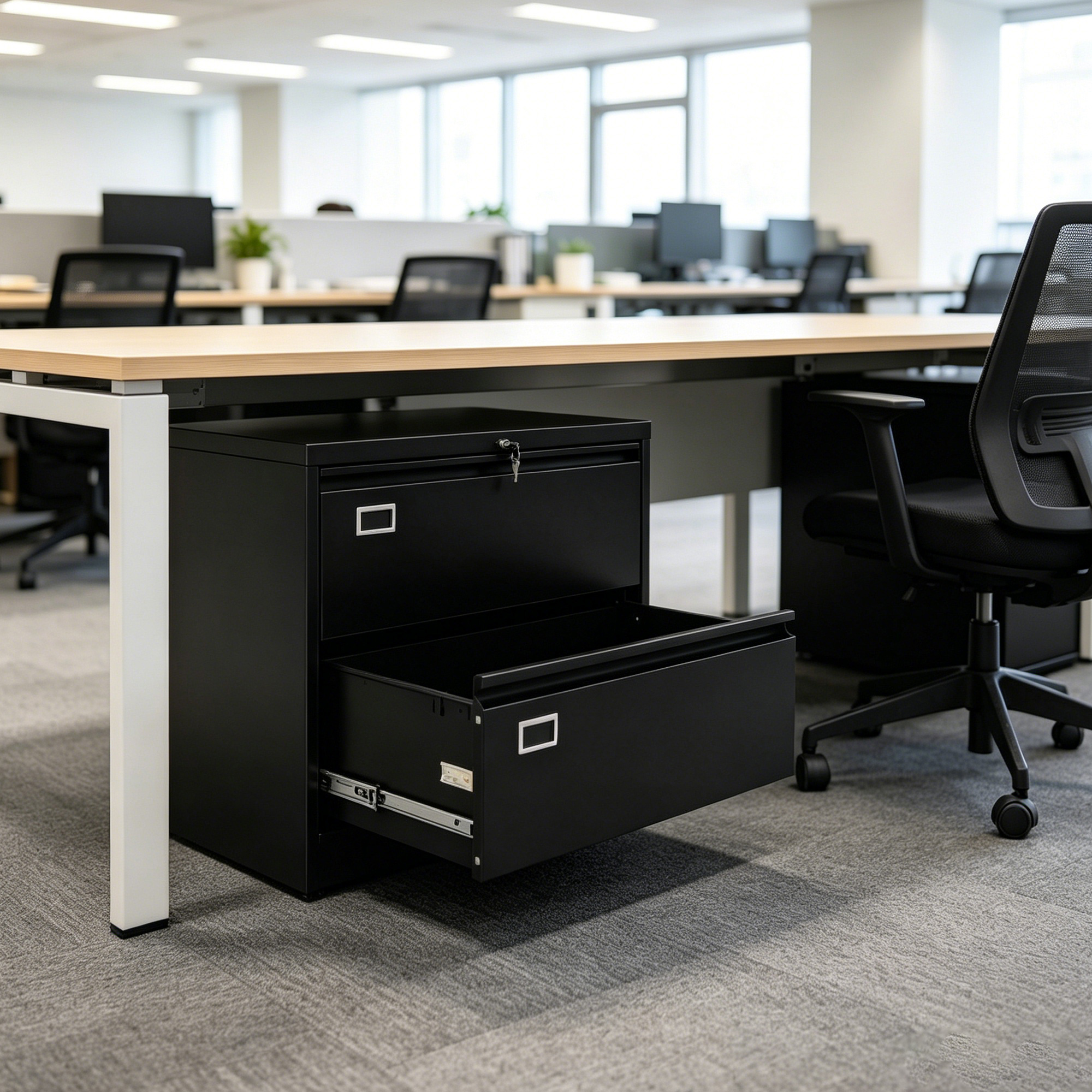 The Moustache lateral 2-drawer filing cabinet is suitable for positioning under the modern office desk