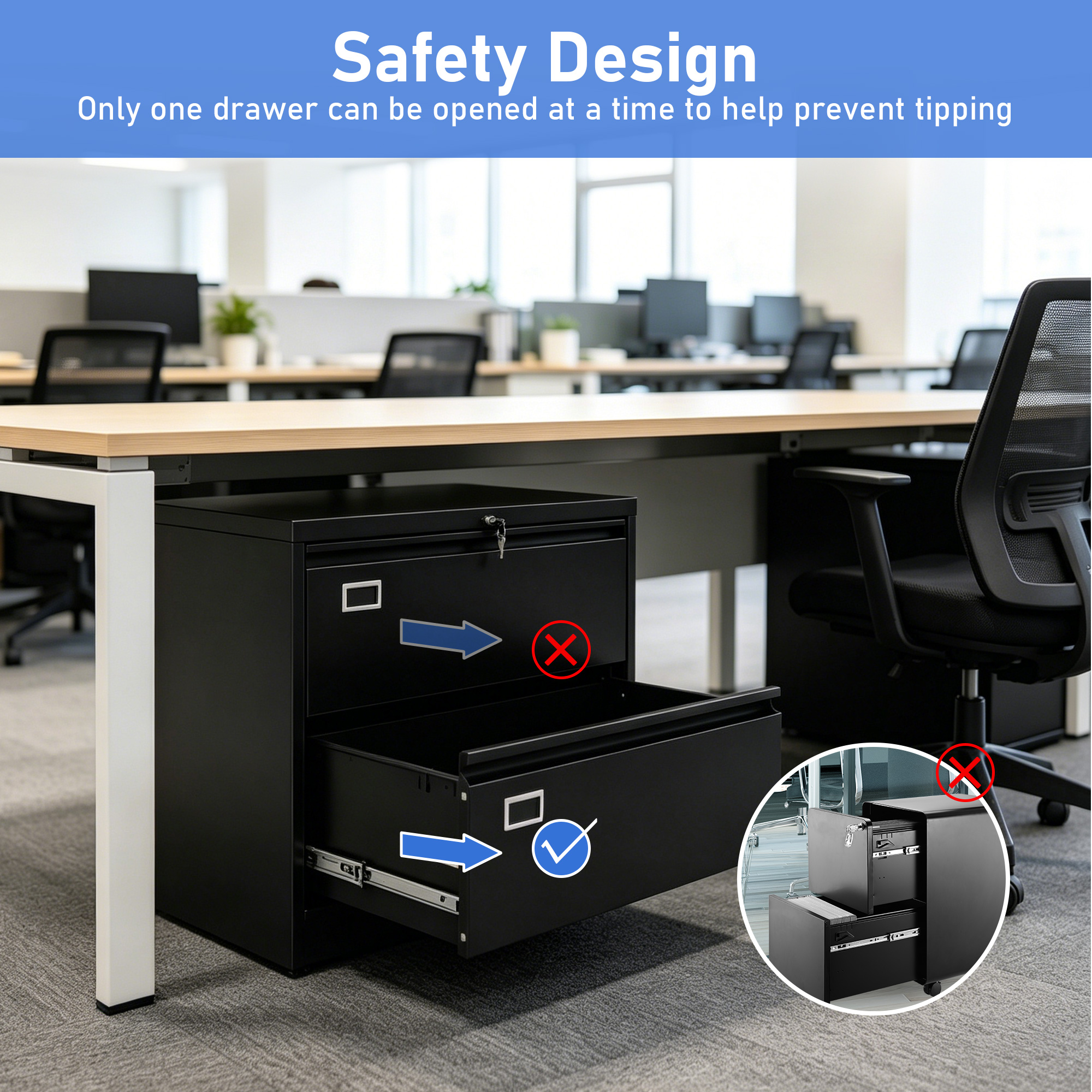Moustache 2-drawer filing cabinet features an anti-tip design, which allows only one drawer to be opened at a time
