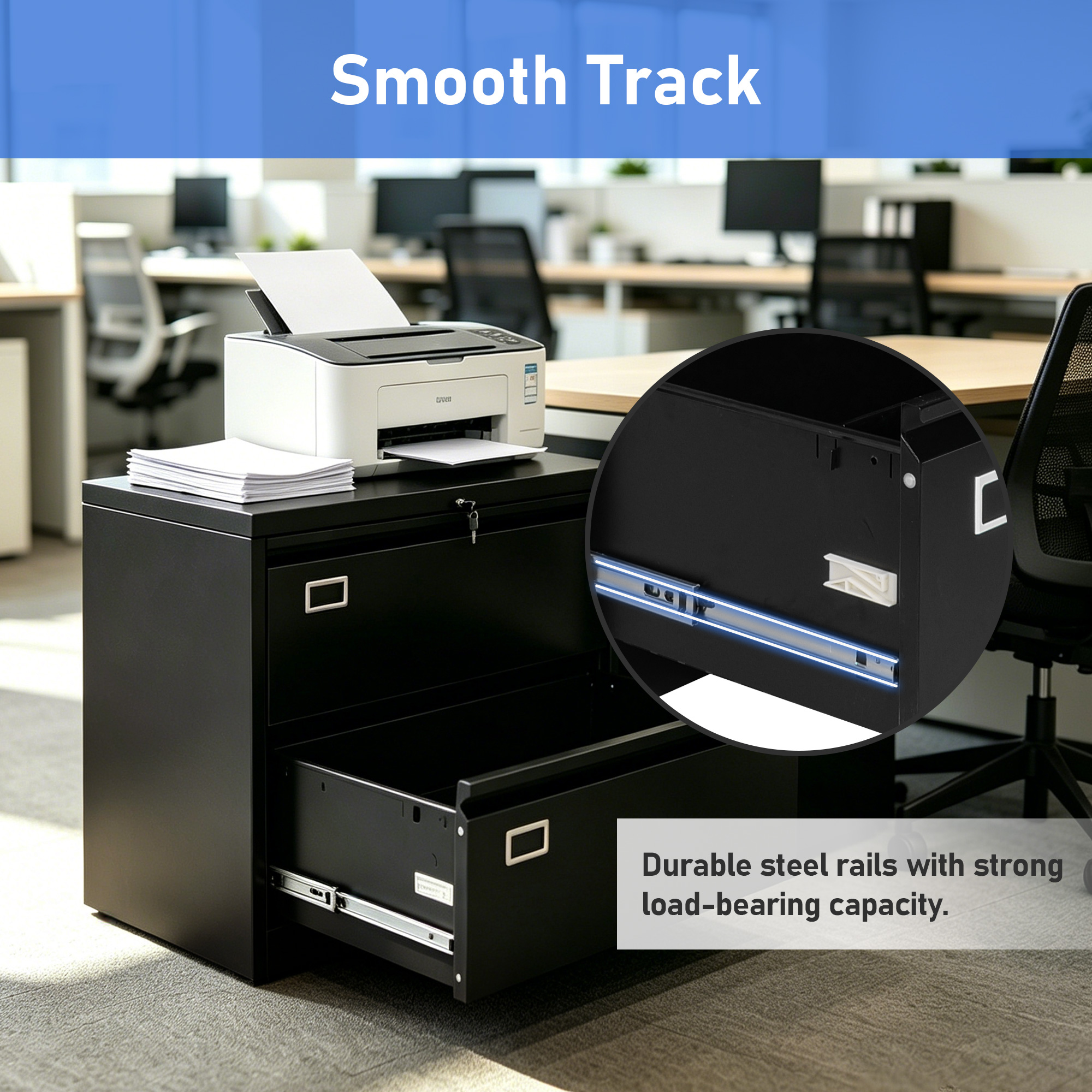 Moustache 2-drawer filing cabinet adopts heavy-duty smooth sliding steel drawer tracks with strong load-bearing capacity
