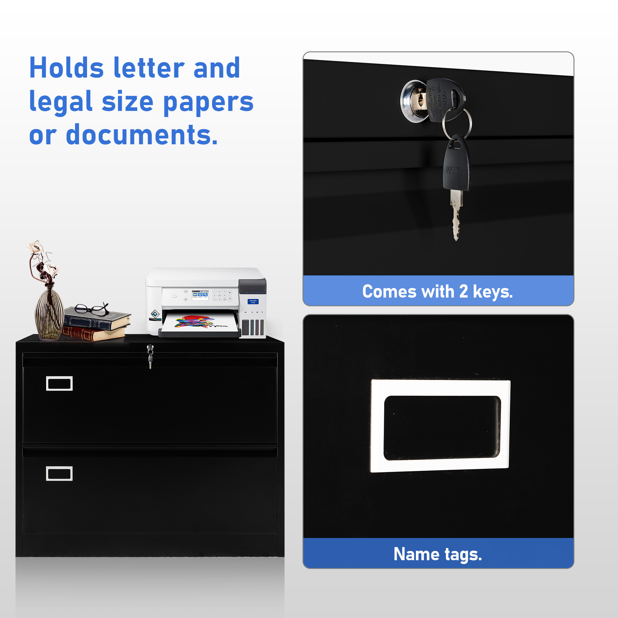Moustache 2-drawer lateral filing cabinet is lockable, comes with two keys, and metal drawer name tags