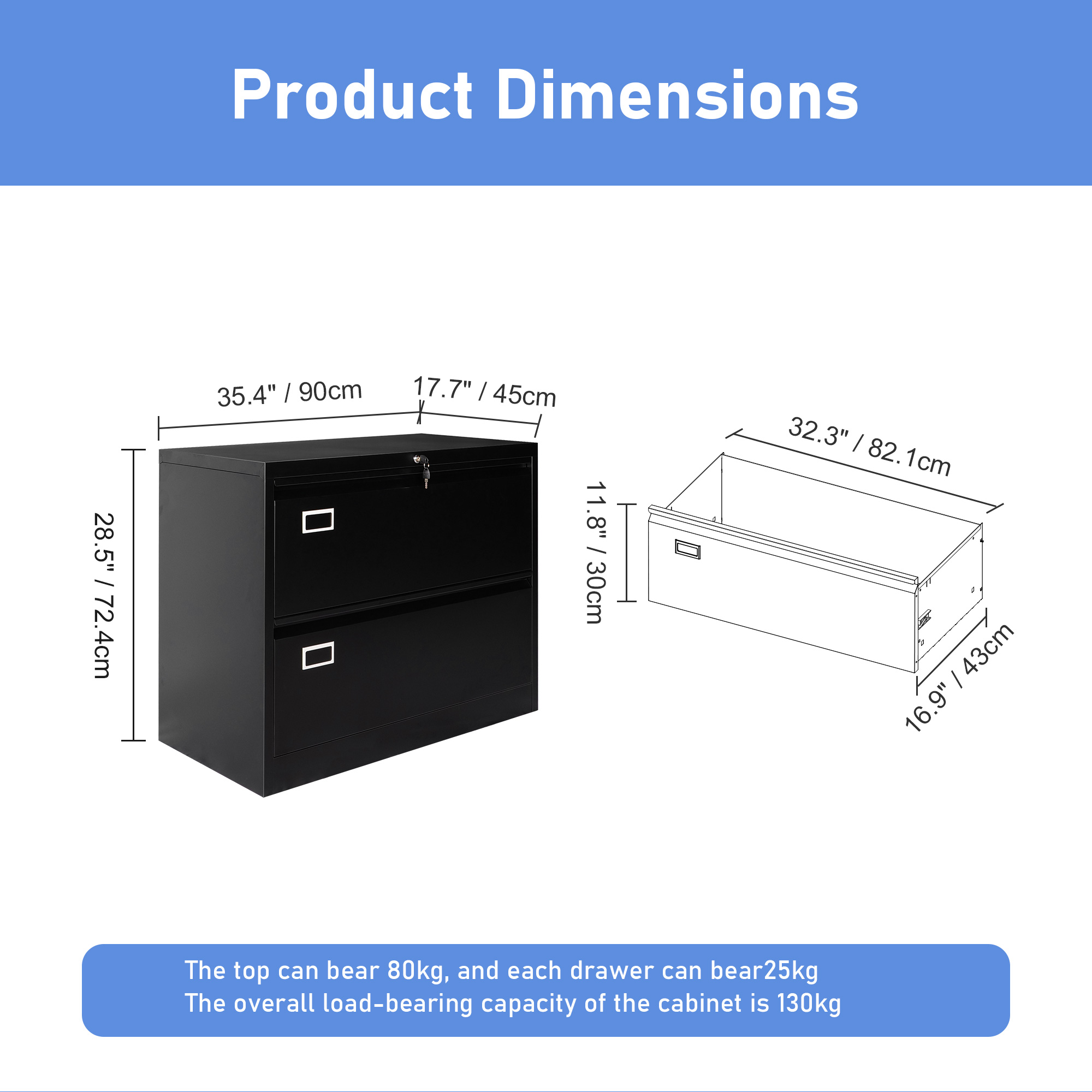 Product dimension for 2-drawer lateral filing cabinet with overall cabinet and single drawer measurements & load capacity