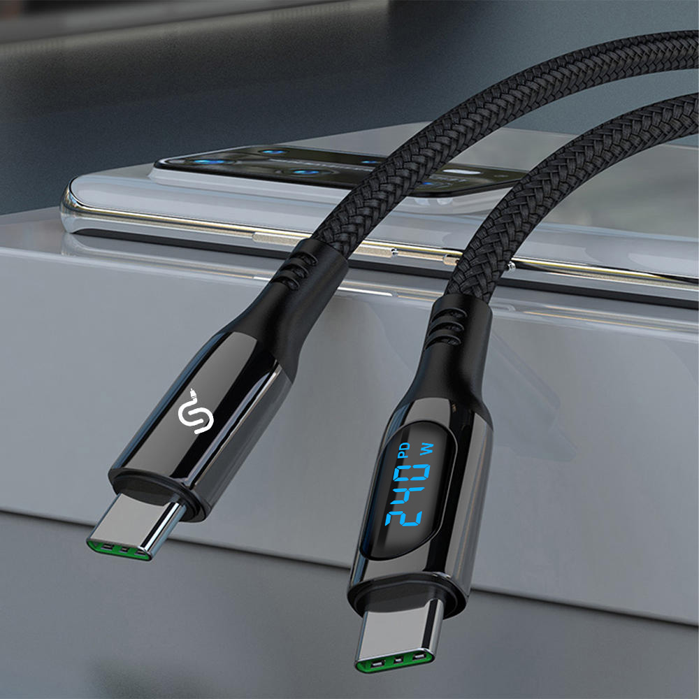 USB-C to USB-C fast charging cable with built-in LED display shows real-time charging power for at-a-glance charging status
