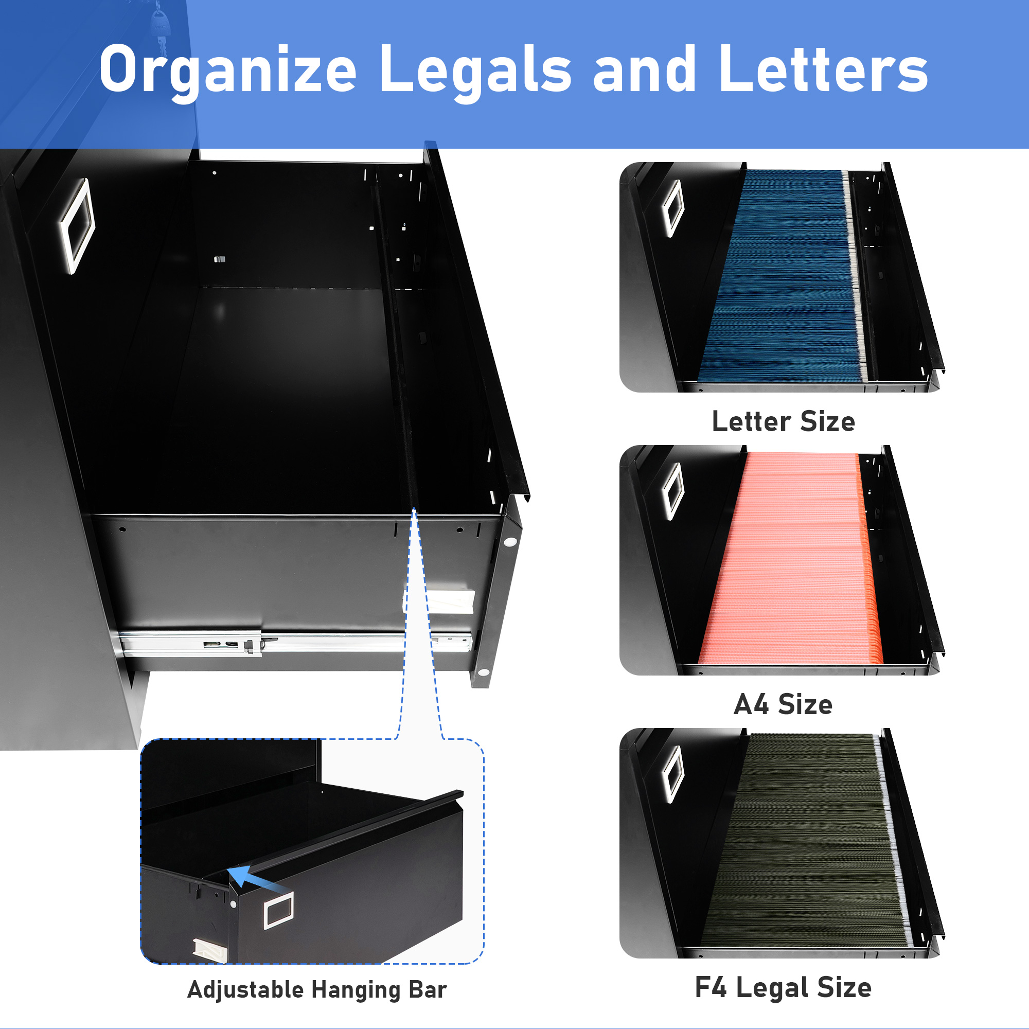 The hanging bar of the 2-drawer filing cabinet is adjustable and can store hanging folders of Letter, A4, and F4 sizes