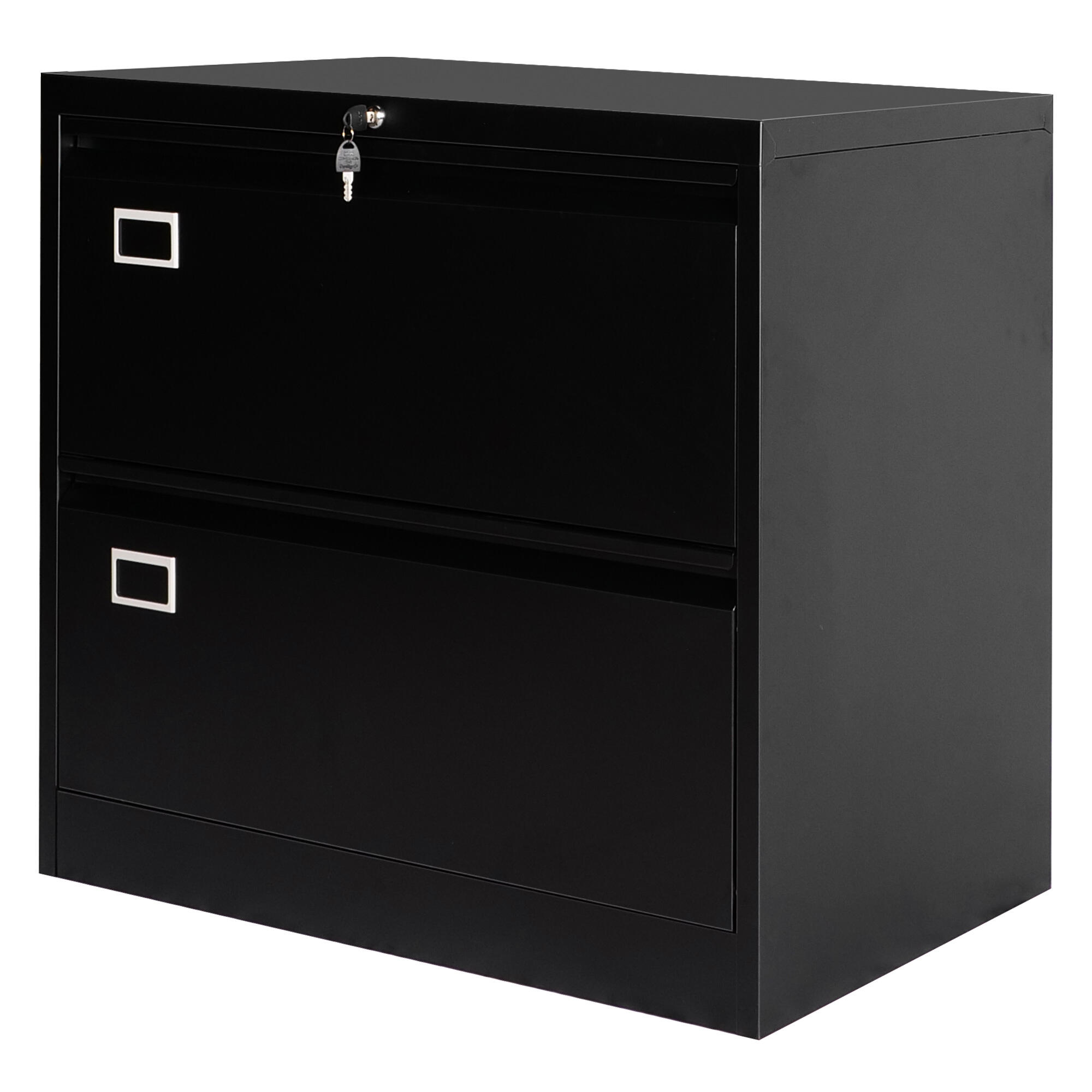 Plain shot of lockable black metal 2-drawer lateral file cabinet with hanging key on the top drawer
