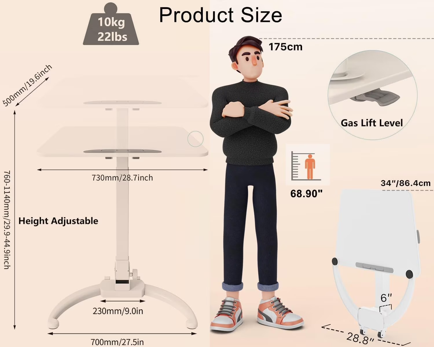 Dimension drawing of the mobile standing desk (height, width, length), and the desk supports a load capacity of up to 10kg