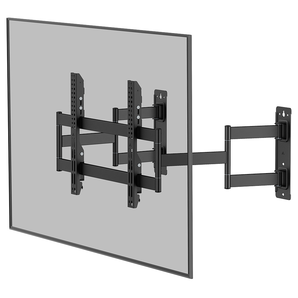 A 3D rendering of a black corner TV wall mount, showing the state where the mount extends out of the wall