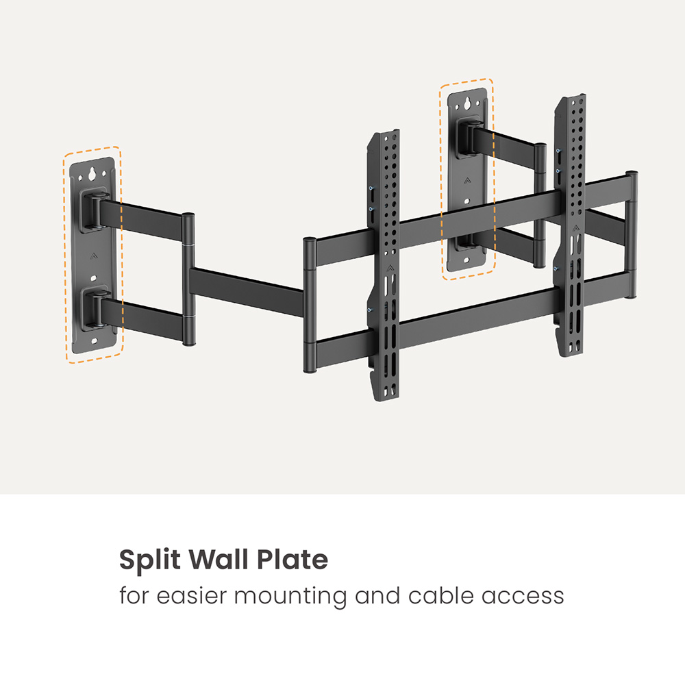 The split wall plate of corner TV wall mount is designed for easier mounting and cable access