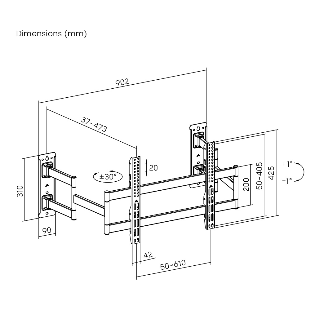 Dimension drawing of PrimeCables heavy-duty corner TV wall mount for 55-90 inch large TVs