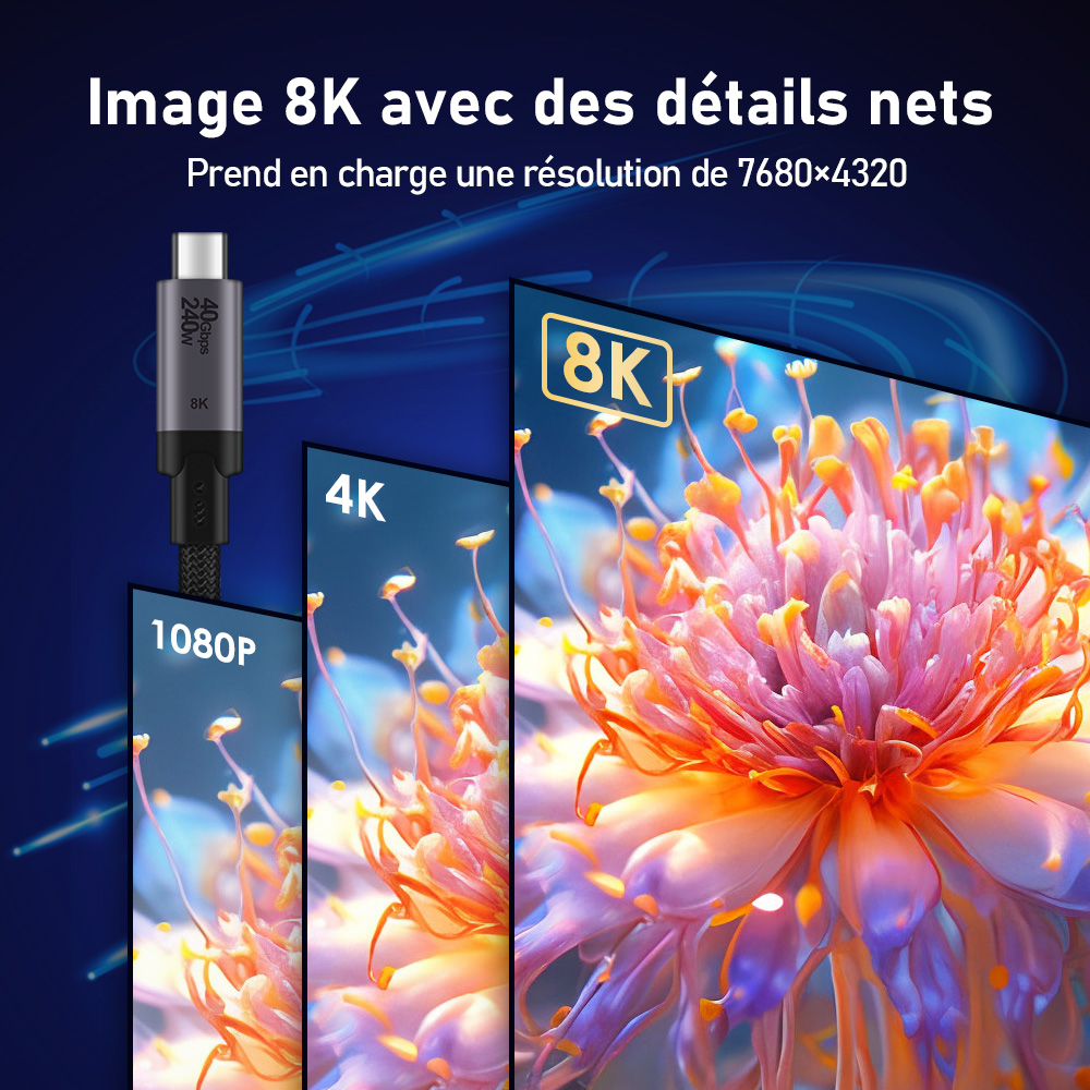 PrimeCables braided Thunderbolt 3/4 USB4 cable supports up to 8K ultra HD resolution