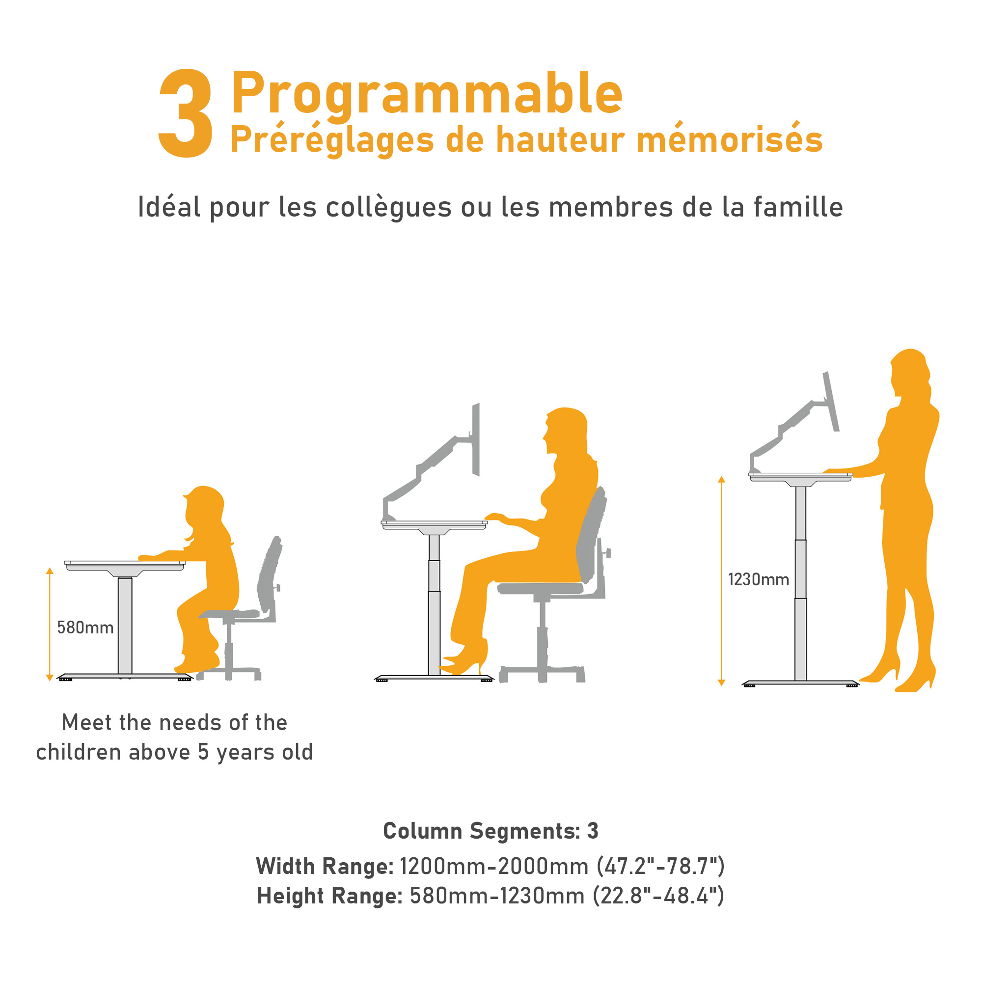 3 préréglages de mémoire de hauteur programmables