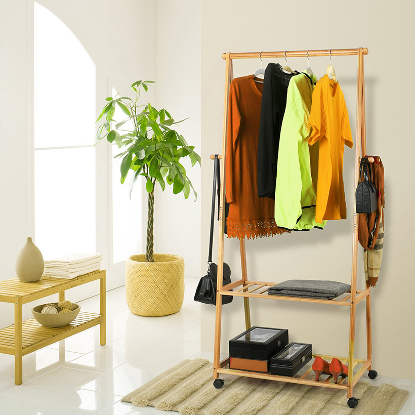 Bamboo Clothing Storage Laundry Rack 4 Coat Hooks 2 Tier Shoe Clothes Organizer Shelves Sortwise