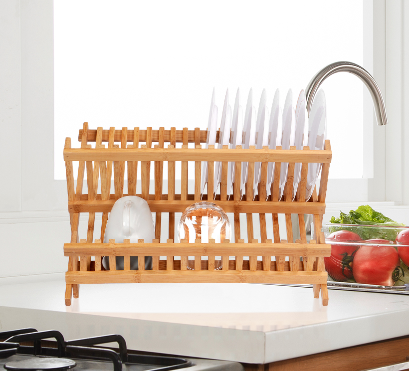 Wooden Dish Rack Plate Rack Collapsible Compact Dish Drying Rack