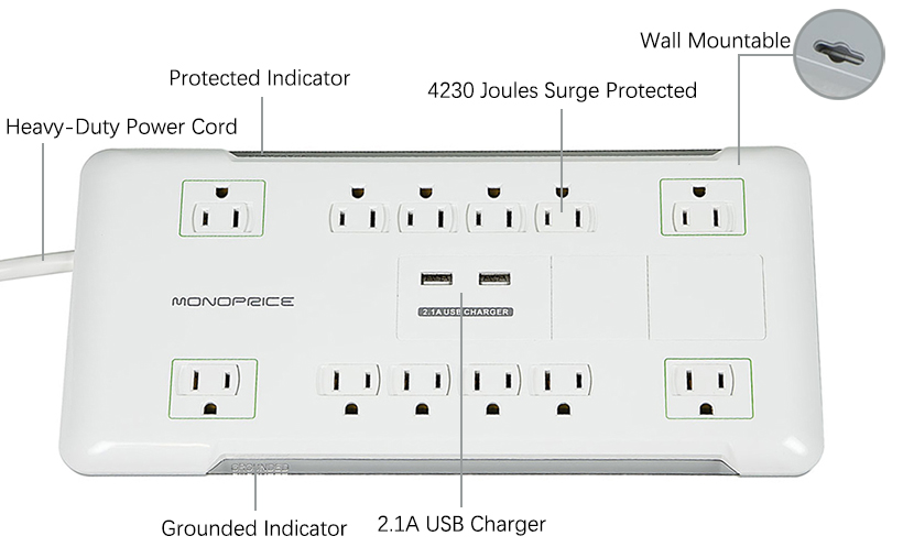 Monoprice 12 Outlet Power Surge Protector with 2 Built-In USB Charger Ports  - 4320 Joules 