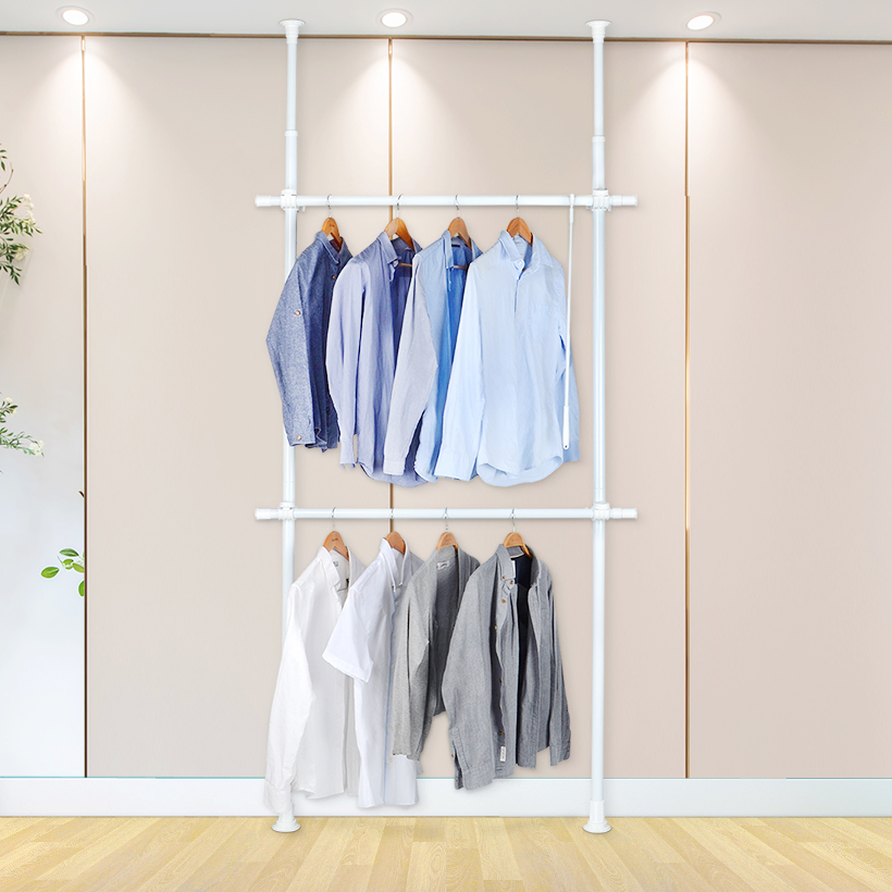 Portable Indoor Garment Rack, DIY Coat Hanger Clothes Wardrobe 2 Poles