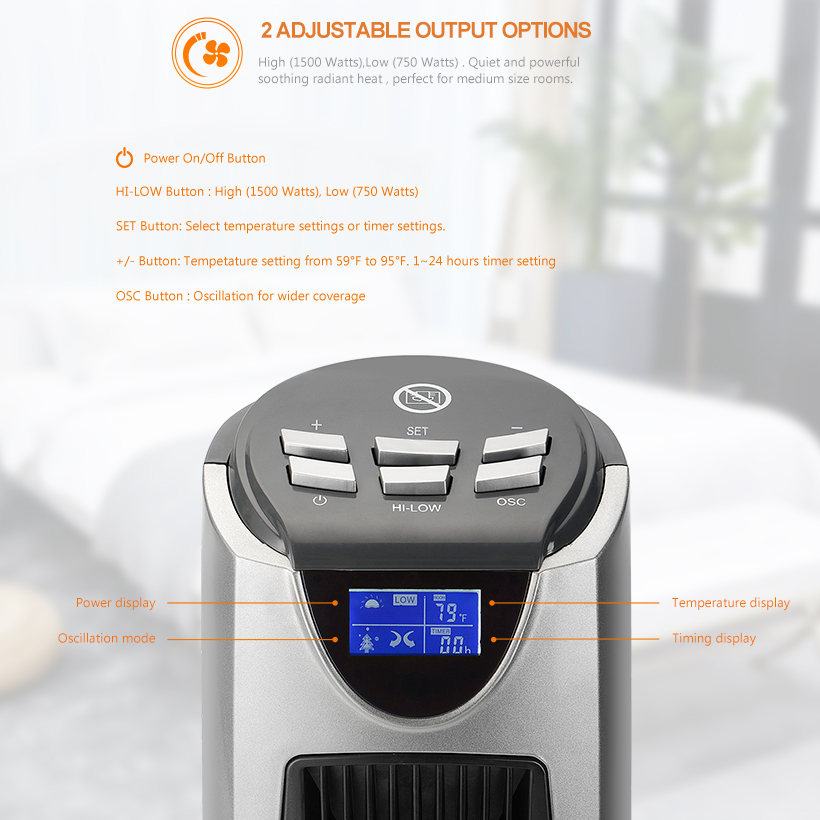 Ceramic Tower Heater, 1500W Portable Electric Heater