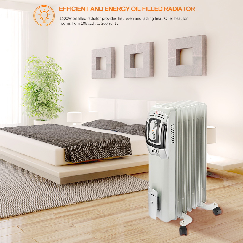 Oil Filled Radiator Heater, Electric Space Heater, Portable, 1500W