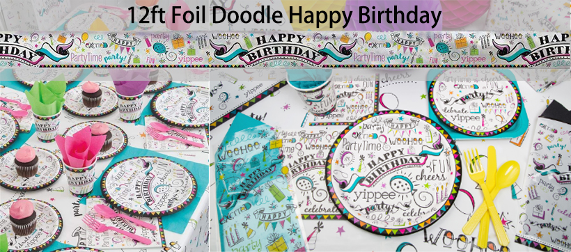 Foil Doodle Happy Birthday Banner For Home Party Decoration 12ft