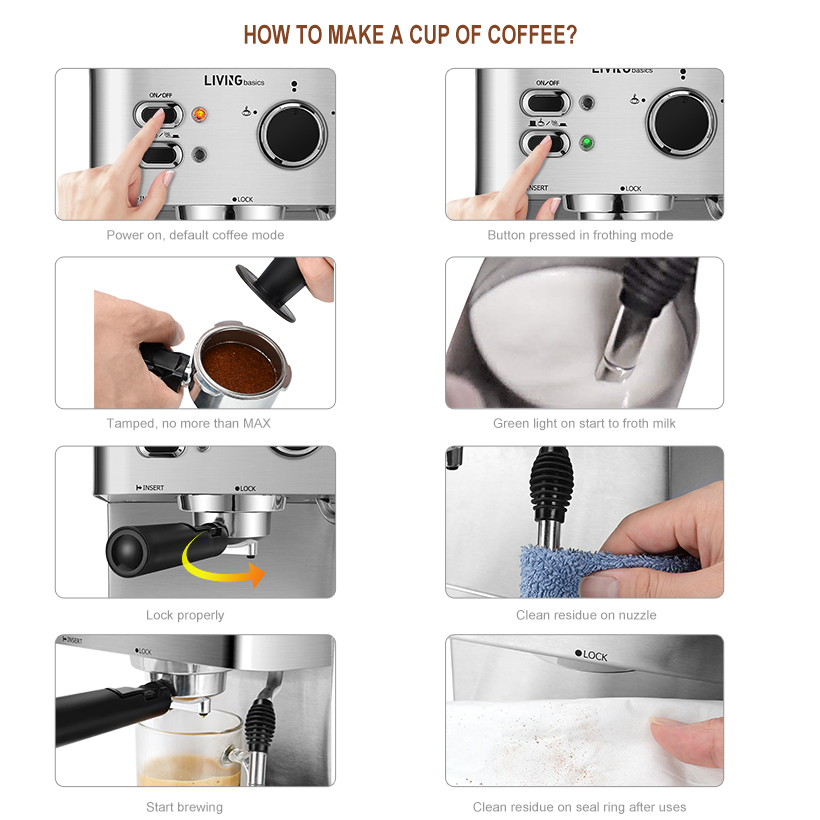 Espresso Machine, Coffee Maker, 15Bar Pump, Steam Wand LIVINGbasics