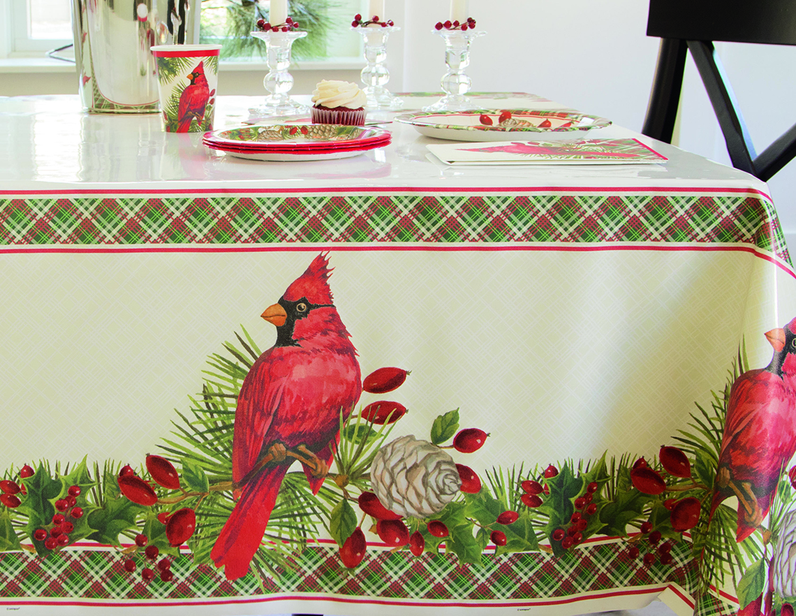 Red Cardinal Christmas Rectangular Plastic Table Cover, 54" x 84"