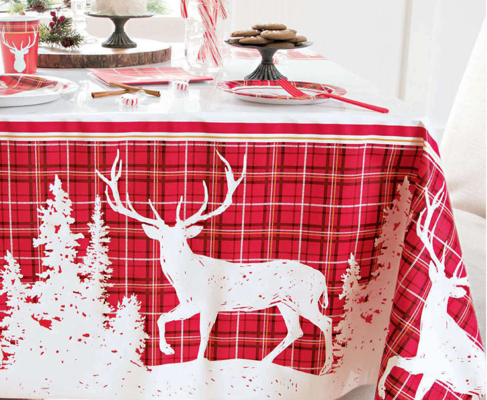 Plaid Deer Christmas Rectangular Plastic Table Cover, 54" x 84"
