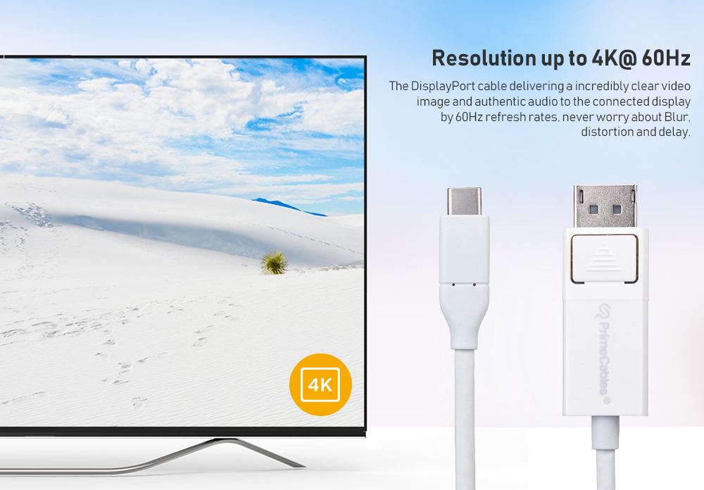 A USB-C to DisplayPort cable is shown beside a large screen, highlighting that the cable supports a resolution up to 4K@60Hz