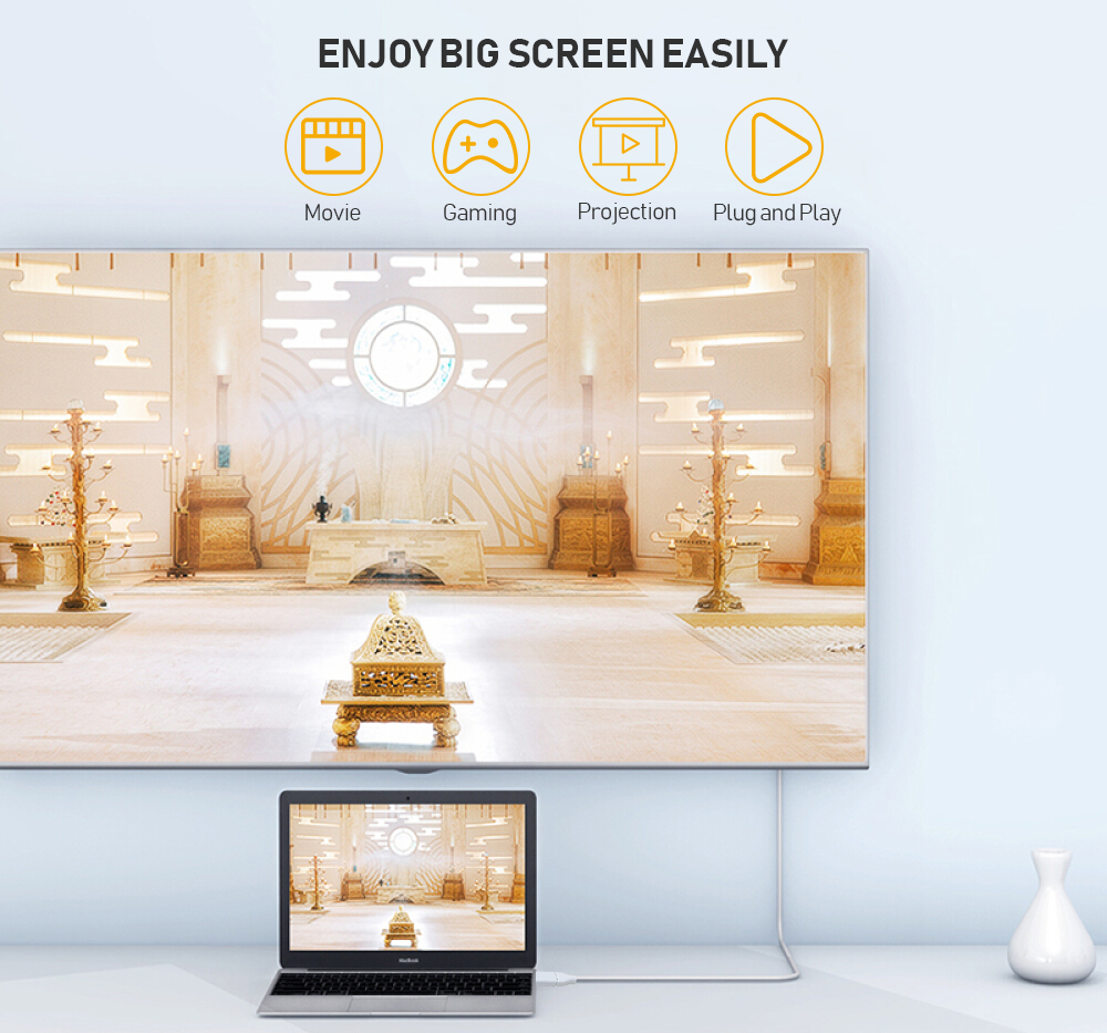 A laptop is connected to a large TV screen by a Type-C to DisplayPort cable, displaying the same scene on both devices