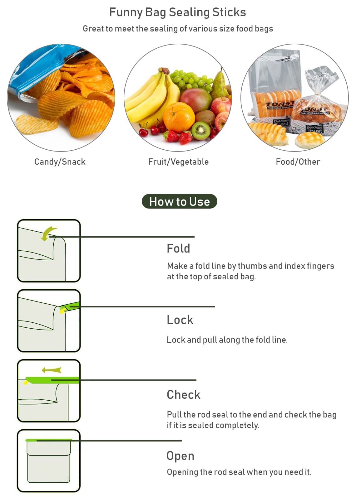 Bag Sealer Sticks Plastic Closure Rods Stay Fresh Bag Kitchen Food Storage Clips 4Pcs/Pack