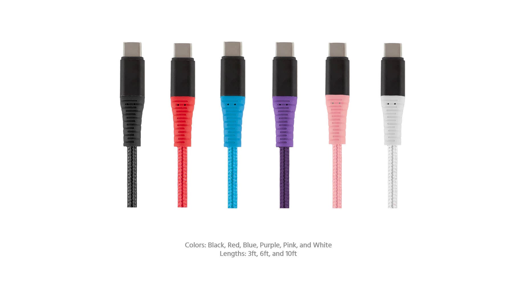 The USB-C cables in six colors and available in lengths of 3 feet, 6 feet, and 10 feet