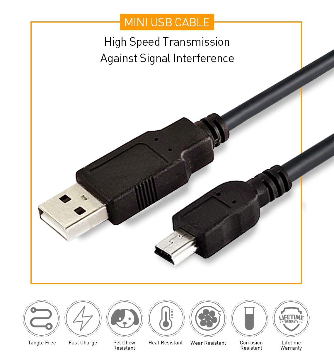 PrimeCables USB 2.0 Type-A to USB Mini B cable comes with a tangle-free design and lifetime warranty