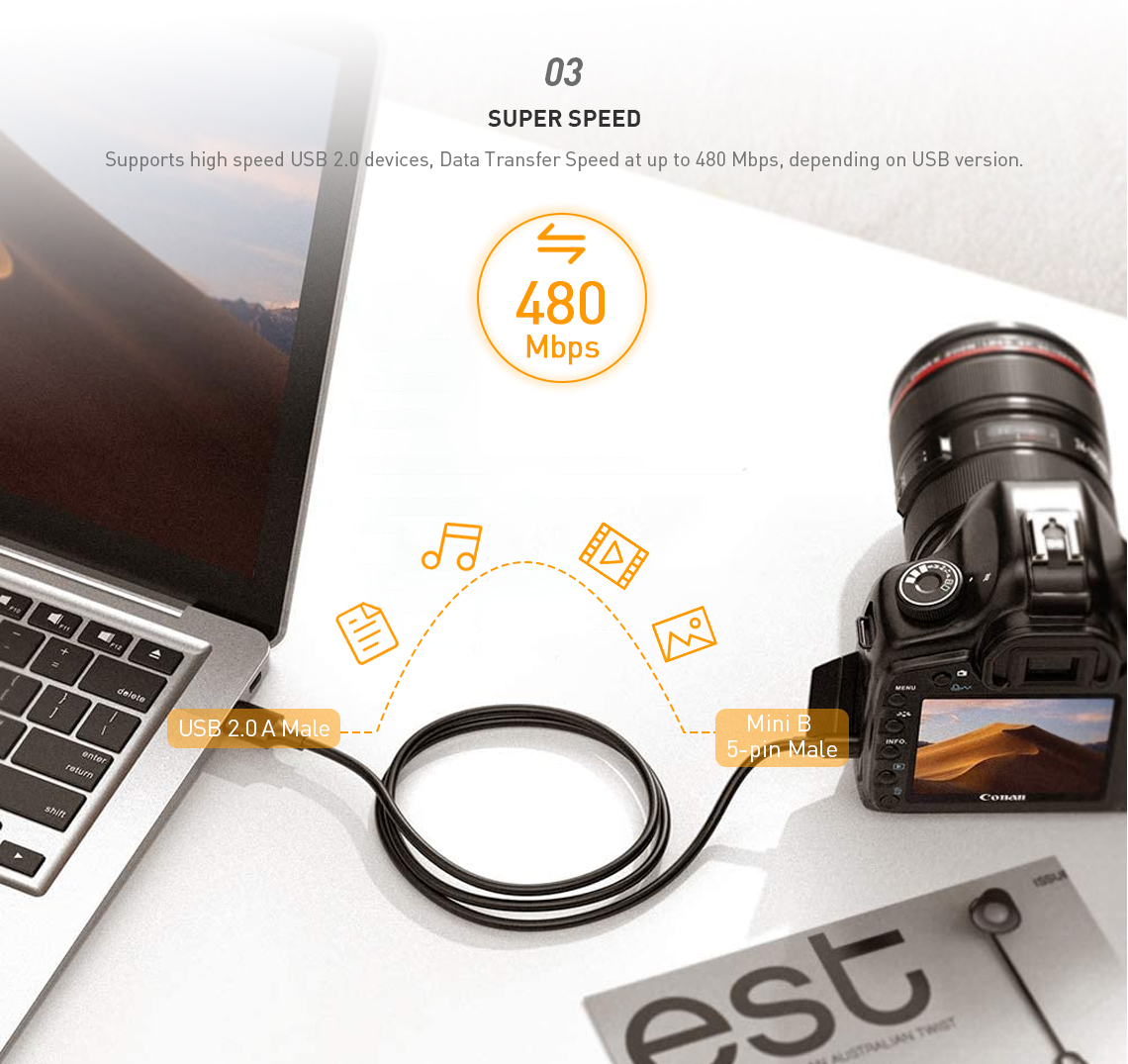 PrimeCables USB 2.0 Mini B cable supports data transfer speed at up to 480Mbps, depending on USB version
