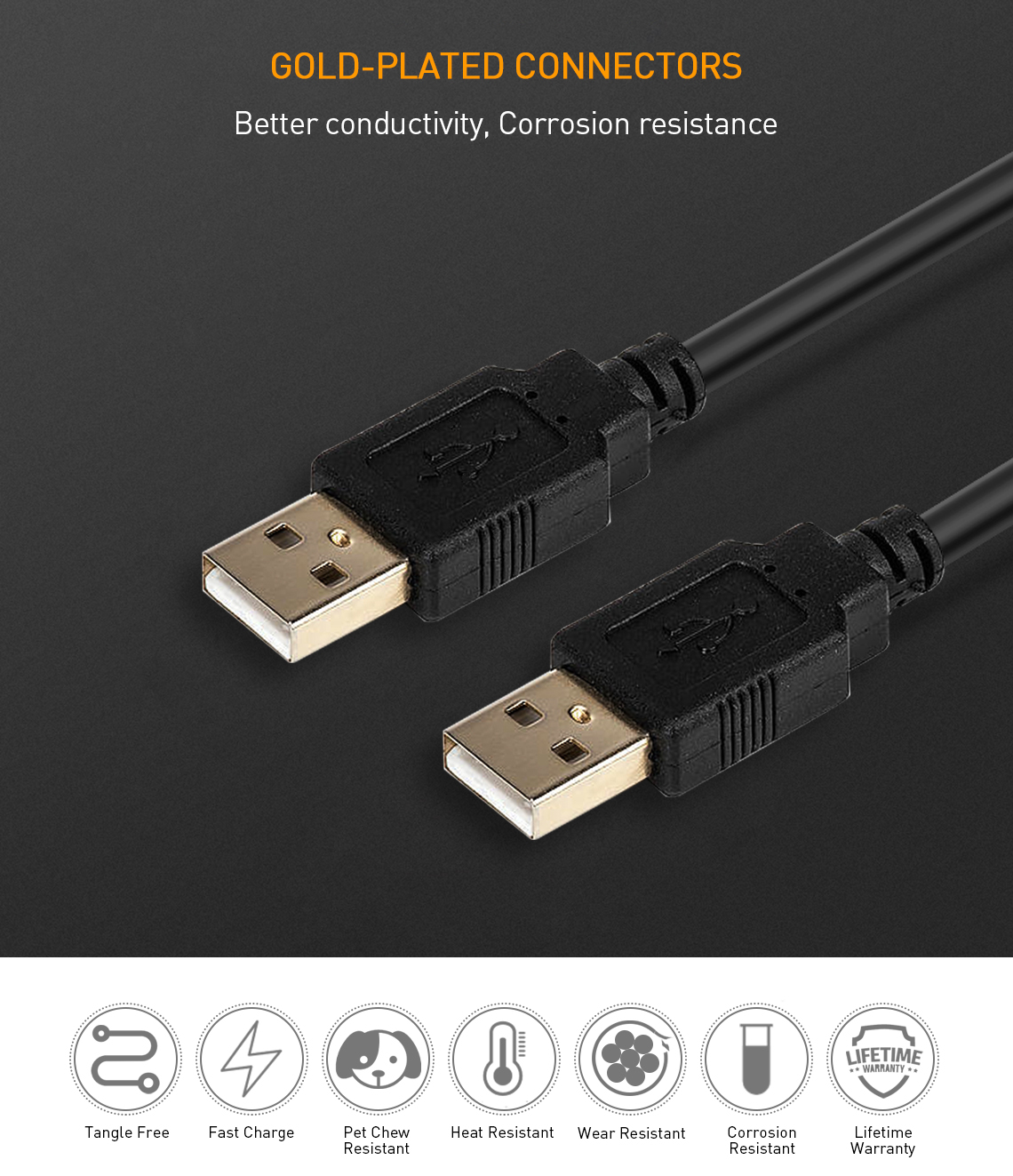 USB 2.0 A male to A male cable connectors shown close-up, highlighting corrosion-resistant metal interface
