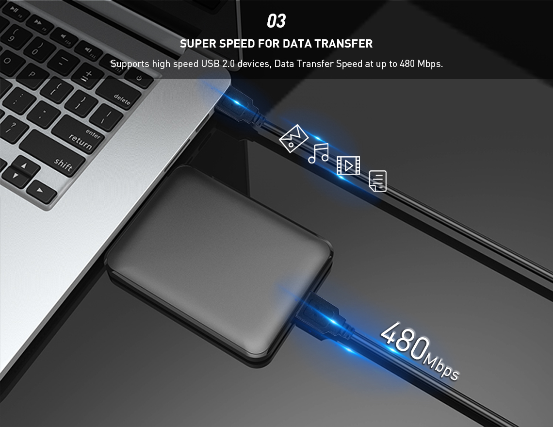USB 2.0 cable supports high-speed USB 2.0 devices and the data transfer rate of up to 480Mbps