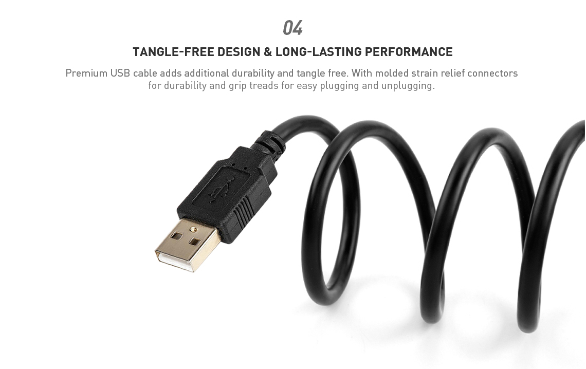 Premium USB 2.0 cable (Type-A connector) shown in a coiled form, demonstrating its tangle-free and long-lasting performance