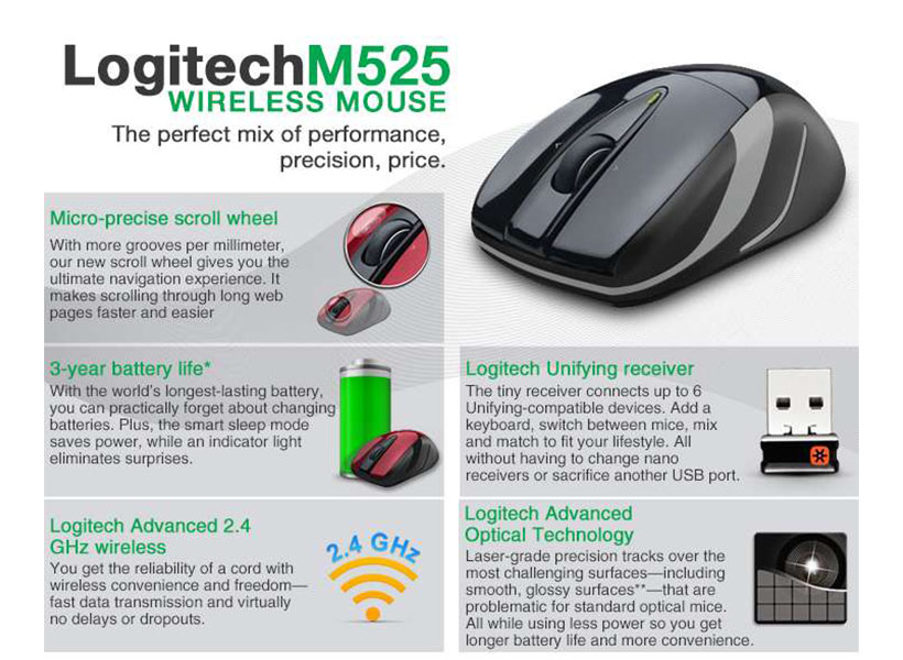 Logitech M525 Full-Size Wireless Laser Mouse - Black