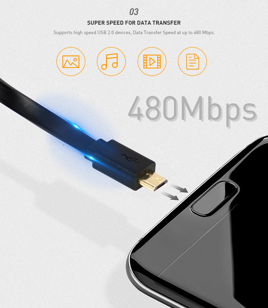 USB Micro B cable connected to a smartphone with a super data transfer speed of up to 480Mbps