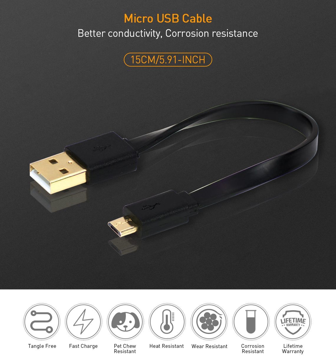 Black USB Micro B cable equipped with gold-plated connectors, which has better conductivity and corrosion resistance